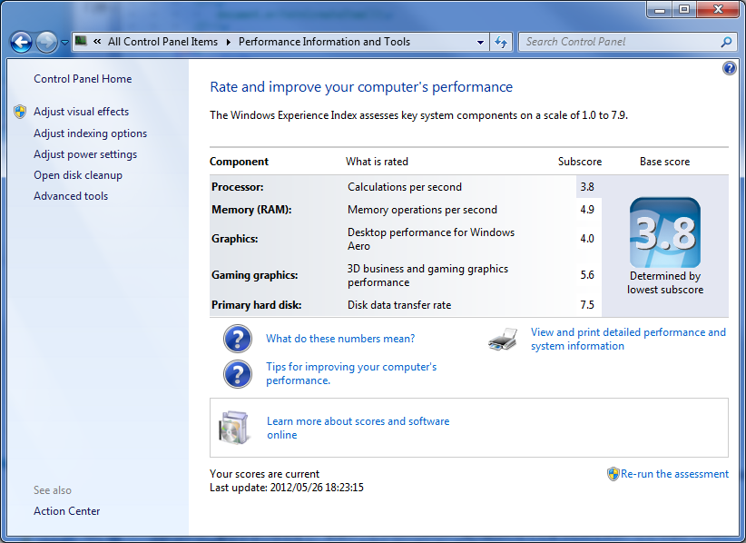 Windows 7 experience indecies